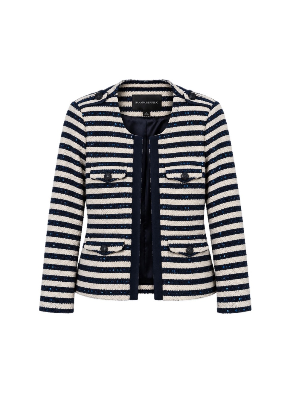 Banana Republic Textured Striped Sequin Jacket - Navy/Cream, Size 2